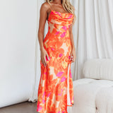 Well Versed Pleated Bust Front Split Dress Flora Orange