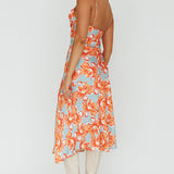 Well Versed Pleated Bust Front Split Dress Flowers Orange