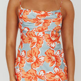 Well Versed Pleated Bust Front Split Dress Flowers Orange