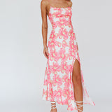 Well Versed Pleated Bust Front Split Dress Flowers Pink