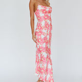 Well Versed Pleated Bust Front Split Dress Flowers Pink