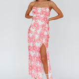 Well Versed Pleated Bust Front Split Dress Flowers Pink