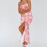 Well Versed Pleated Bust Front Split Dress Flowers Pink