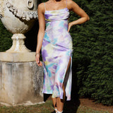 Well Versed Pleated Bust Front Split Dress Watercolor Print Purple/Yellow