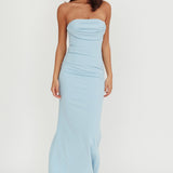Well Versed Strapless Pleat Bust Maxi Dress Blue