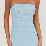 Well Versed Strapless Pleat Bust Maxi Dress Blue