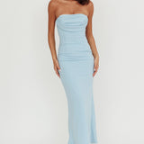 Well Versed Strapless Pleat Bust Maxi Dress Blue
