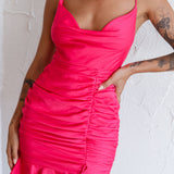 Harriet Cowl Neck Ruched Satin Mini Dress Hot Pink