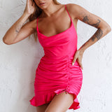 Harriet Cowl Neck Ruched Satin Mini Dress Hot Pink