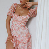 Joie Puff Sleeve Frill Dress Floral Pink