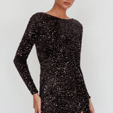 Demure Long Sleeve Open Back Dress Sequin Black