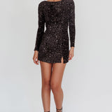 Demure Long Sleeve Open Back Dress Sequin Black