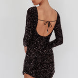 Demure Long Sleeve Open Back Dress Sequin Black
