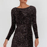 Demure Long Sleeve Open Back Dress Sequin Black