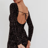 Demure Long Sleeve Open Back Dress Sequin Black
