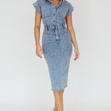 New Day Short Sleeve Button-Up Midi Dress Denim