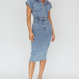 New Day Short Sleeve Button-Up Midi Dress Denim