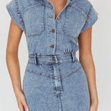 New Day Short Sleeve Button-Up Midi Dress Denim