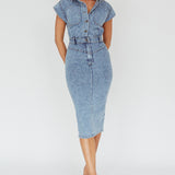 New Day Short Sleeve Button-Up Midi Dress Denim