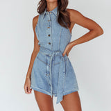 New Day Sleeveless Button-Up Romper Denim Blue