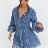 New Day Long Sleeve Button-Up Romper Denim