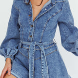 New Day Long Sleeve Button-Up Romper Denim