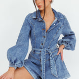 New Day Long Sleeve Button-Up Romper Denim