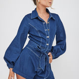 New Day Long Sleeve Button-Up Romper Indigo
