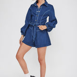 New Day Long Sleeve Button-Up Romper Indigo