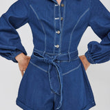 New Day Long Sleeve Button-Up Romper Indigo