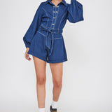 New Day Long Sleeve Button-Up Romper Indigo