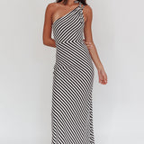 Ocean Road Tied One-Shoulder Maxi Dress Stripe Black