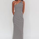 Ocean Road Tied One-Shoulder Maxi Dress Stripe Black