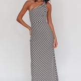 Ocean Road Tied One-Shoulder Maxi Dress Stripe Black