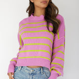 Fly High Drop Shoulder Knit Sweater Stripe Purple