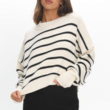Fly High Drop Shoulder Knit Sweater Stripe Beige