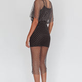Astra Diamante Fishnet Midi Dress Black