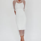 Astra Diamante Fishnet Midi Dress White