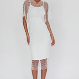Astra Diamante Fishnet Midi Dress White