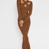 One Mind Cut-Out Neckline Knit Midi Dress Chocolate
