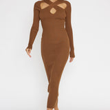 One Mind Cut-Out Neckline Knit Midi Dress Chocolate