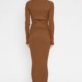 One Mind Cut-Out Neckline Knit Midi Dress Chocolate
