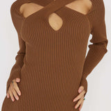 One Mind Cut-Out Neckline Knit Midi Dress Chocolate