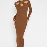 One Mind Cut-Out Neckline Knit Midi Dress Chocolate