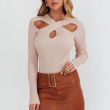 One Mind Cut-Out Neckline Knit Top Mocha
