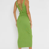 Linzi Lace-Up Back Knit Midi Dress Green
