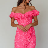 Rossi Off-Shoulder Double Ruffle Lace Dress Hot Pink