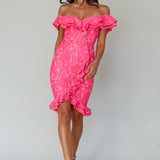 Rossi Off-Shoulder Double Ruffle Lace Dress Hot Pink