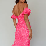 Rossi Off-Shoulder Double Ruffle Lace Dress Hot Pink