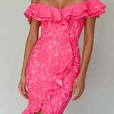 Rossi Off-Shoulder Double Ruffle Lace Dress Hot Pink